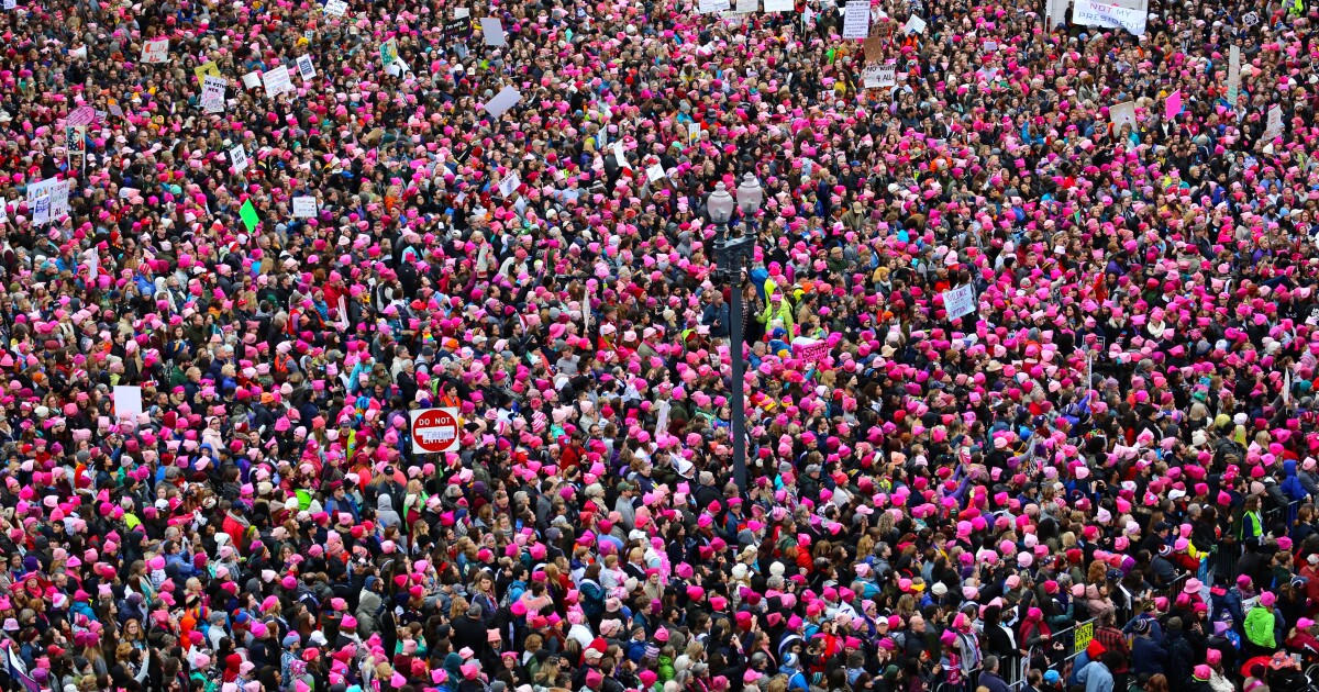 Crowd of protesters wearing pink hats at the D.C. Women's March.